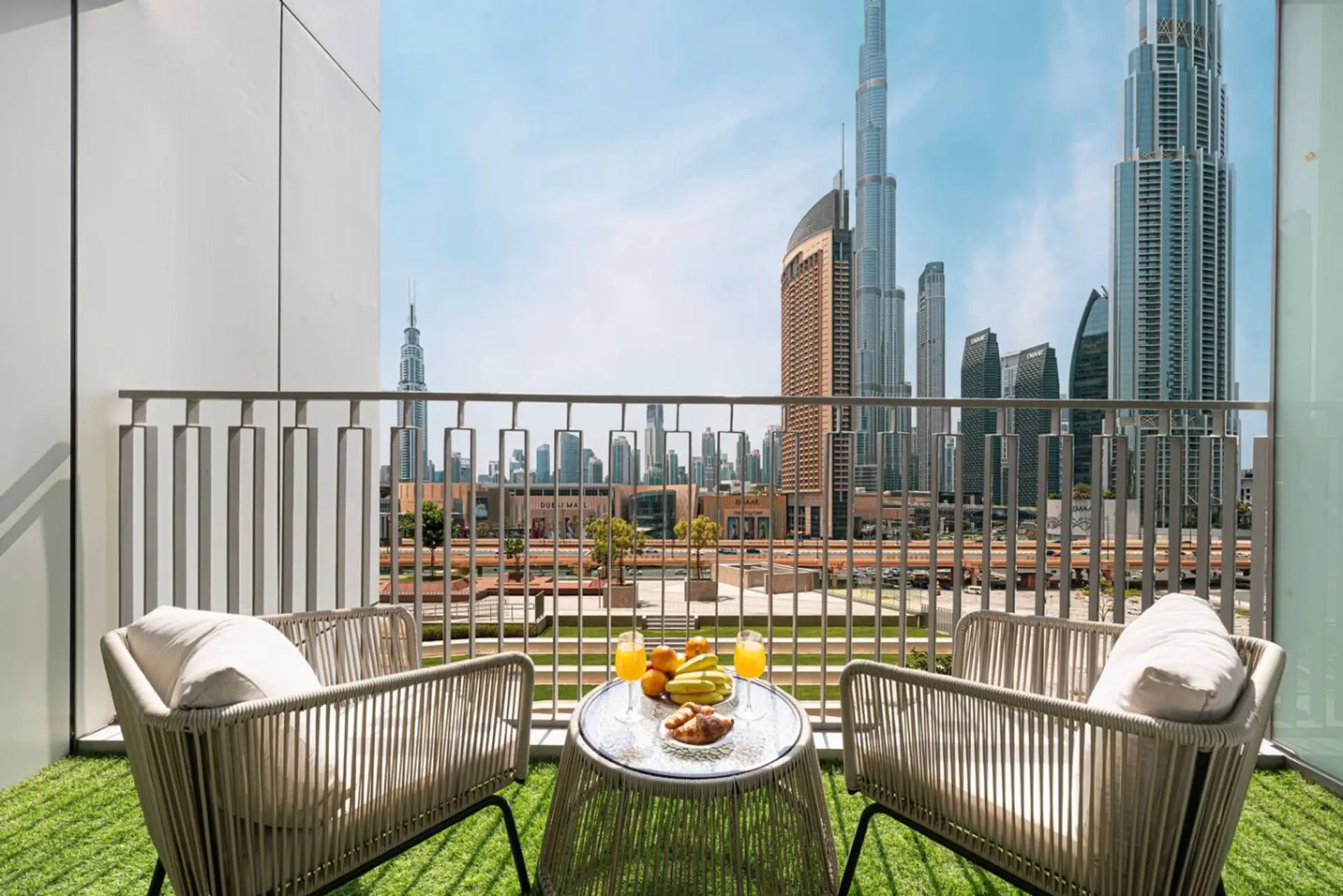 Downtown Dubai balcony view of Burj Khalifa
